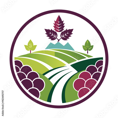 Cultivated minimalist logo design for vineyard showcasing lush grapevines and rolling hills