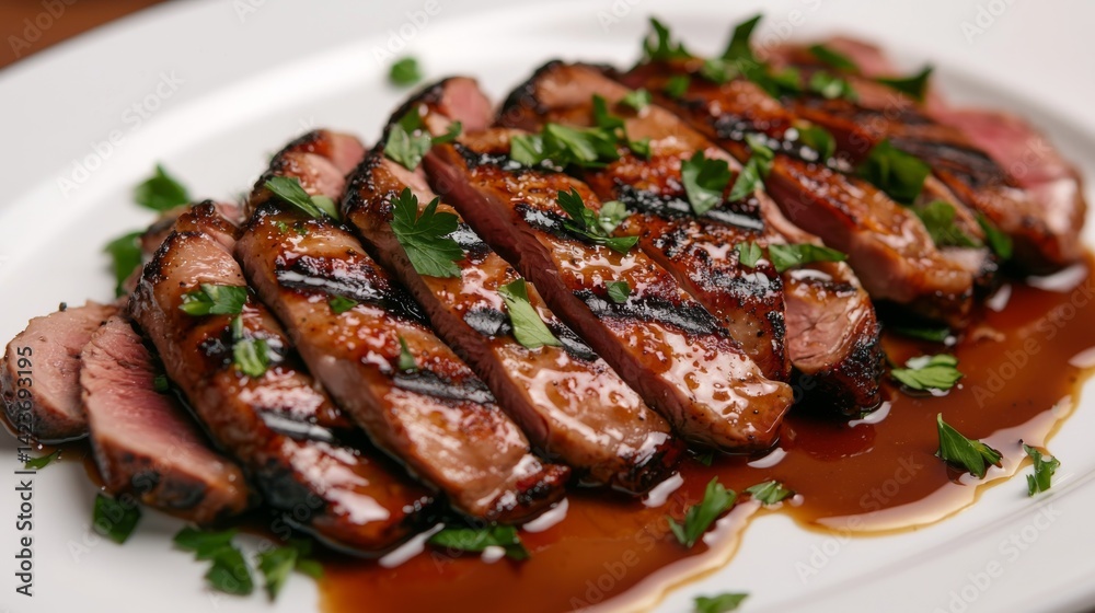 grilled duck breast, beautifully garnished with parsley and drizzled with sauce, resting on a white plate for an elegant dining experience grilled duck breast, beautifully garnished with parsley and drizzled with sauce, resting on a white plate for an elegant dining experience