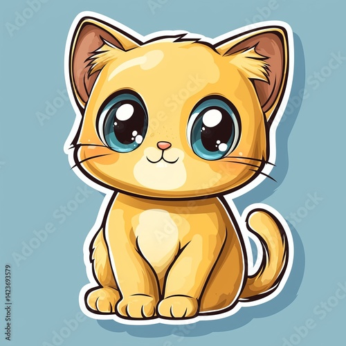 Obraz na płótnie Adorable Kitten: A Cute Cartoon Cat Illustration - Sweet and Playful Feline Pet, Big Eyes, Fluffy Fur, Yellow Orange Color, Kawaii Manga Anime Style Digital Art Graphic Design w salonie