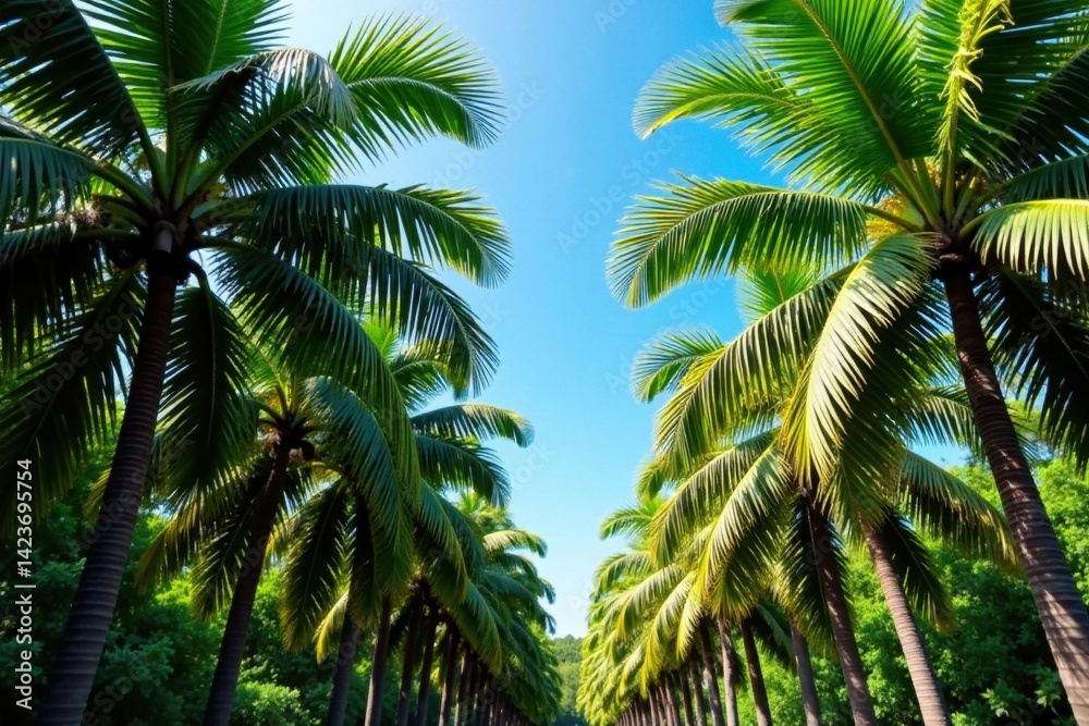 Dense palm grove, vibrant green canopy, clear sky , exotic, foliage Dense palm grove, vibrant green canopy, clear sky , exotic, foliage