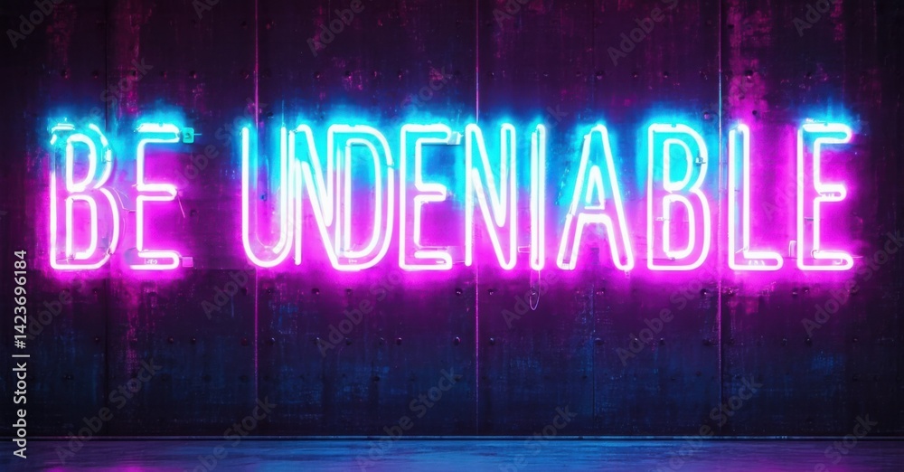 Obraz premium Massive glowing phrase be undeniable in cyan and magenta bold letters over steel panels with neon flickers and shadows