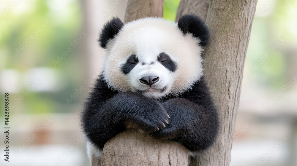 Obraz premium Adorable giant panda cub resting on a tree branch with its paws crossed, looking directly forward in a soft-focus natural forest setting.