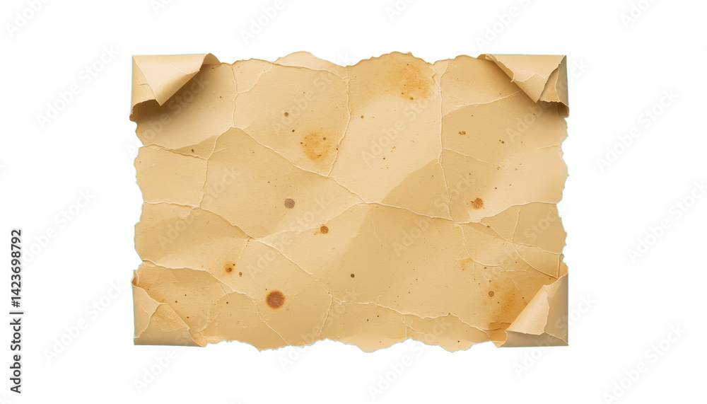Aged Parchment Paper Texture with Curls, Stains, Transparent Background