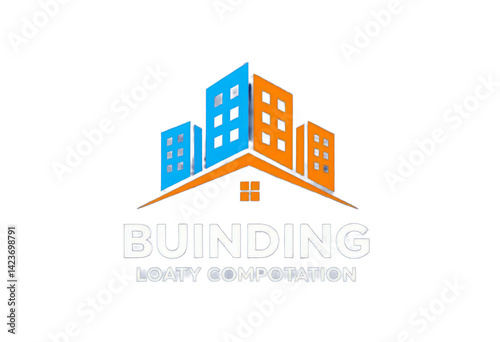 Architecture Logo: Blue & Orange Buildings, Transparent Background.