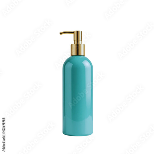 A photo of a green bottle with a gold pump on isolated background.