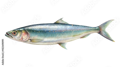 Detailed watercolor illustration of a sardine or herring fish on white background