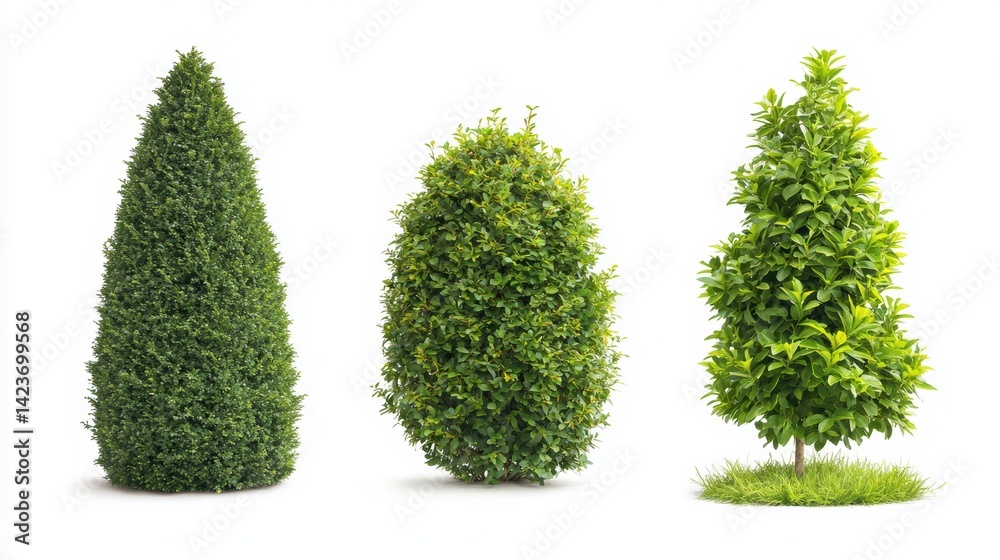 Fototapeta premium Three trimmed evergreen shrubs, isolated.
