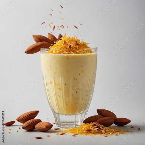 Steaming glass of creamy yellow badam lassi, topped with sliced almonds and delicate saffron threads, placed on a pure white background
