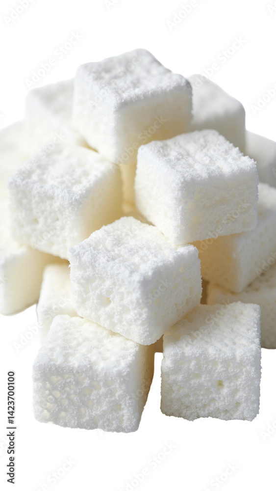 High-resolution image of pristine white sugar cubes, meticulously arranged and isolated on transparent background for food marketing. High-resolution image of pristine white sugar cubes, meticulously arranged and isolated on transparent background for food marketing.