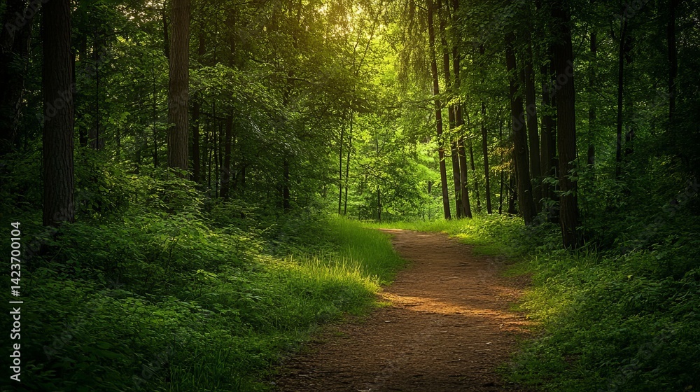 Obraz premium Serene forest path sunlight green lush trees nature trail walk way calm road dark park woods image