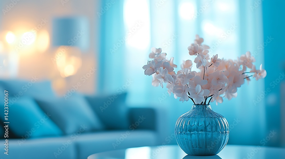 White Floral Arrangement In Blue Vase On Table With Soft Blur Background