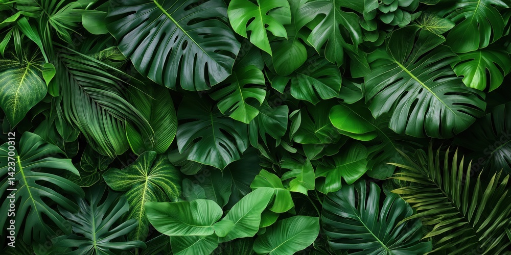 Fototapeta premium A lush green jungle with many leaves and vines. Concept of abundance and growth, as well as the beauty of nature