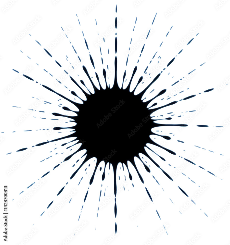 Black Ink Splatter Burst on Blue, transparent background.