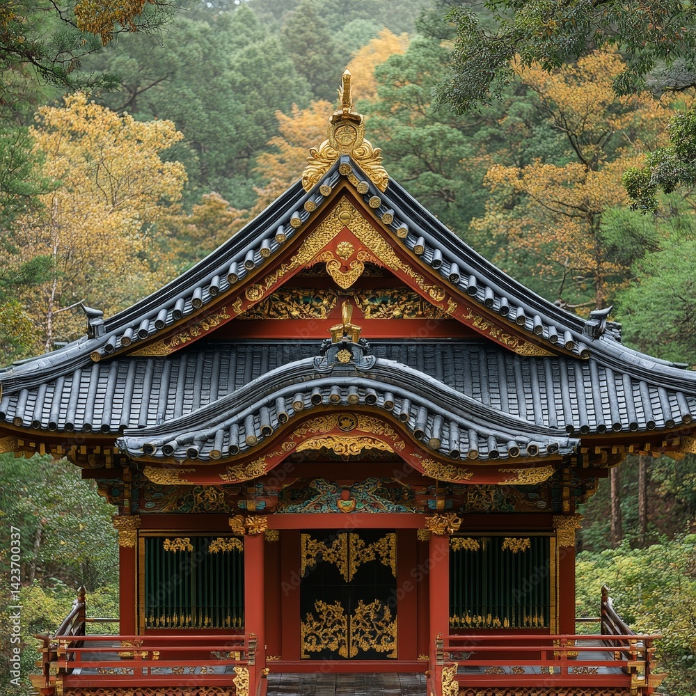 Ornate traditional Japanese architecture with detailed roof design surrounded by trees Ornate traditional Japanese architecture with detailed roof design surrounded by trees