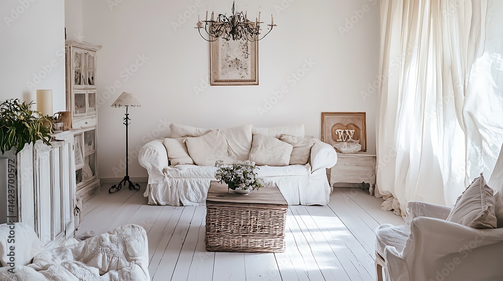 White Interior Design with Rustic Furniture and Decorative Elements