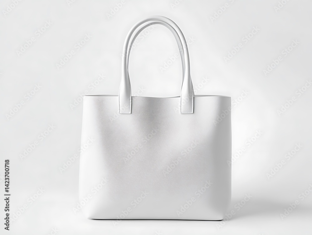 White Leather Tote Bag Isolated On White Background With Handles and Surface Texture