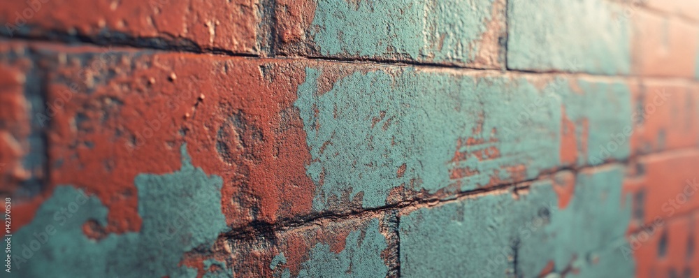 Obraz premium Old red brick wall with damaged green paint showing through creating pattern