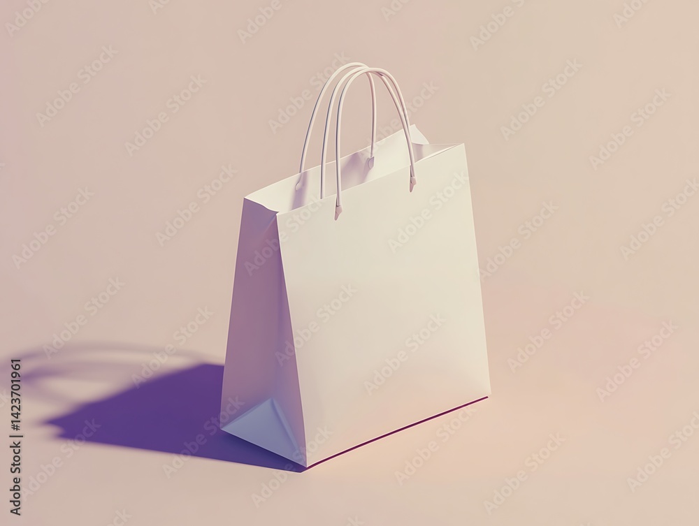 White Paper Shopping Bag With Soft Shadow on Pastel Beige Background for Product Display