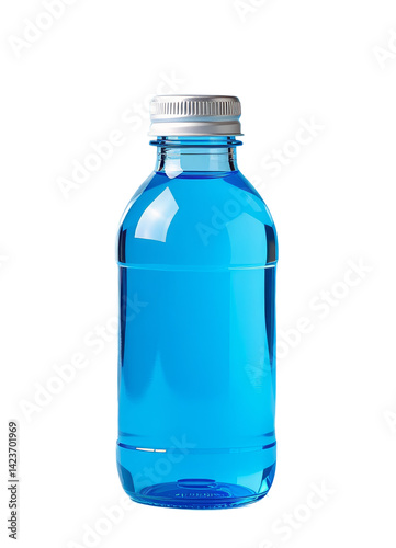 Blue Liquid in Clear Bottle, Silver Cap, transparent background.