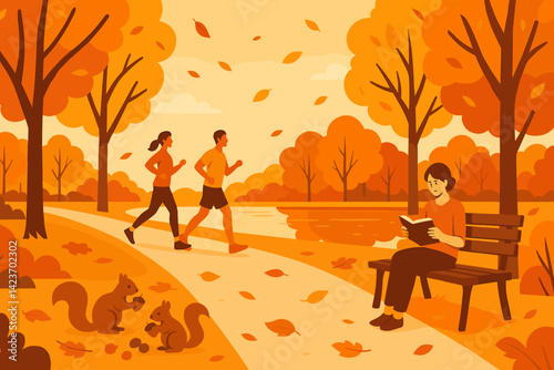 A colorful and crisp fall park scene full of peaceful movement