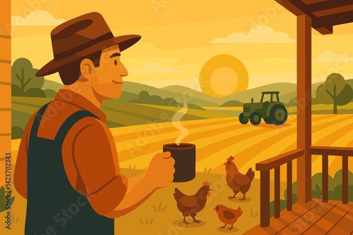 A serene dawn breaks over the rural landscape as a farmer starts their daily routine in the country