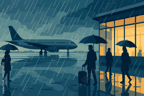 A wet, cinematic airport moment full of light, movement, and travel