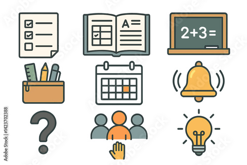 Icons representing organizational and educational tasks in the classroom