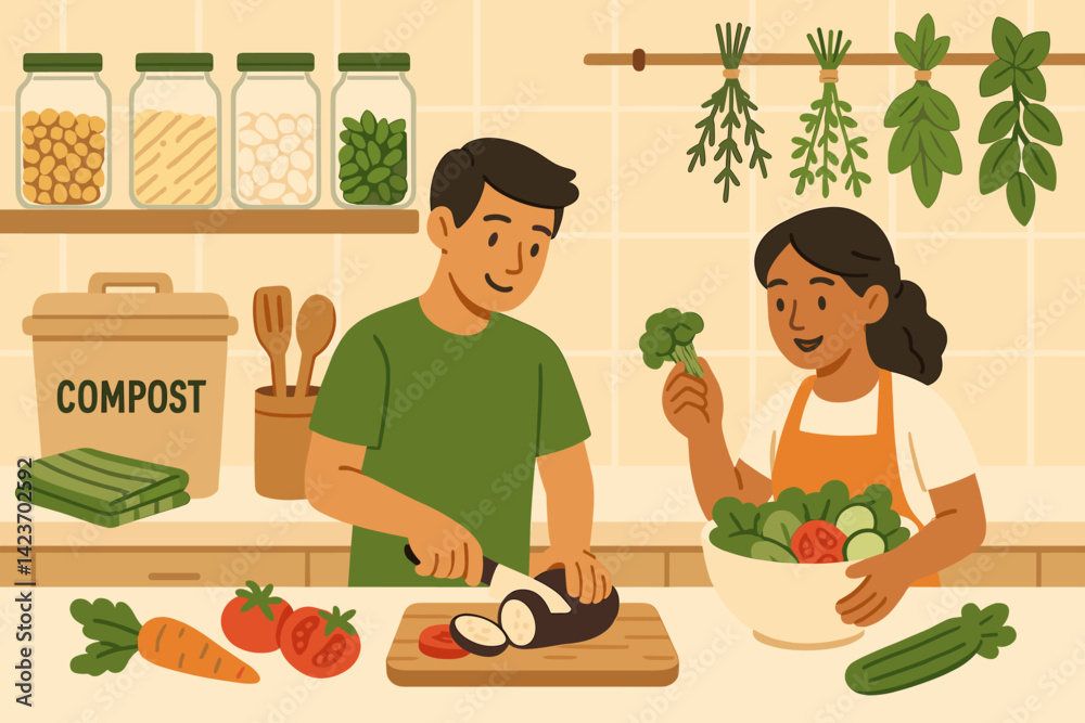 A sustainable kitchen with eco-friendly items and clean cooking habits