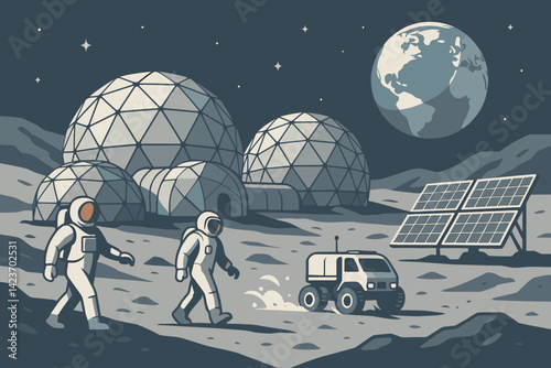 A futuristic base on the moon featuring structures that support life and facilitate exploration