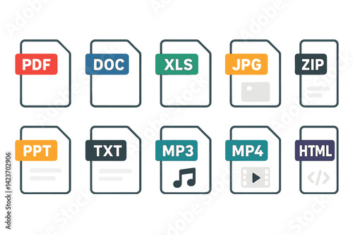 Icons that symbolize various digital document and media file types
