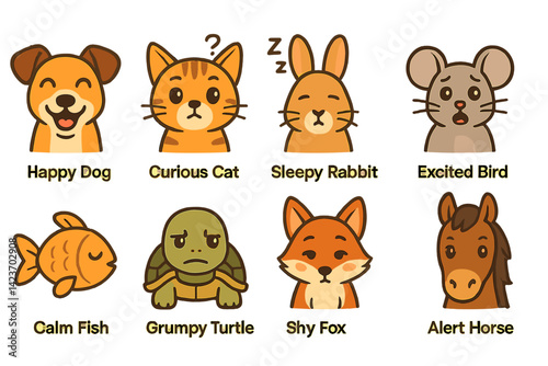 Illustrations of animal faces showcasing a range of emotions in a cute and stylized manner