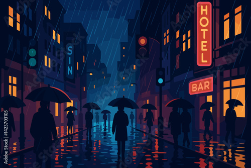 A somber cityscape at night, illuminated by radiant lights and soaked in rain