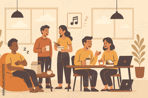 A serene shared workspace environment where colleagues are socializing during downtime