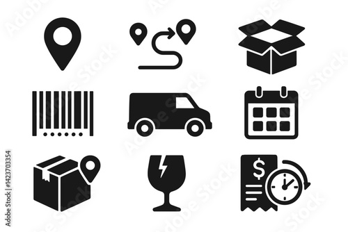 Icons used in transportation, package delivery, and shipment tracking