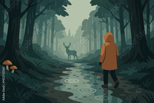 A woodland path shrouded in mist, teeming with wildlife, and beset by rain