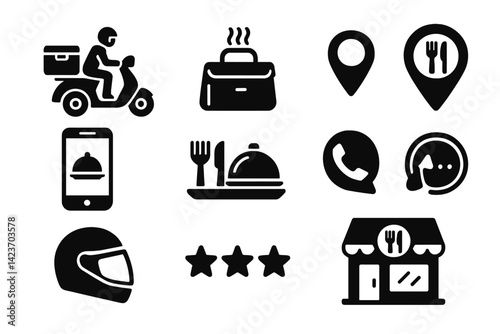 Equipment and icons utilized in the delivery of meals from restaurants to customers