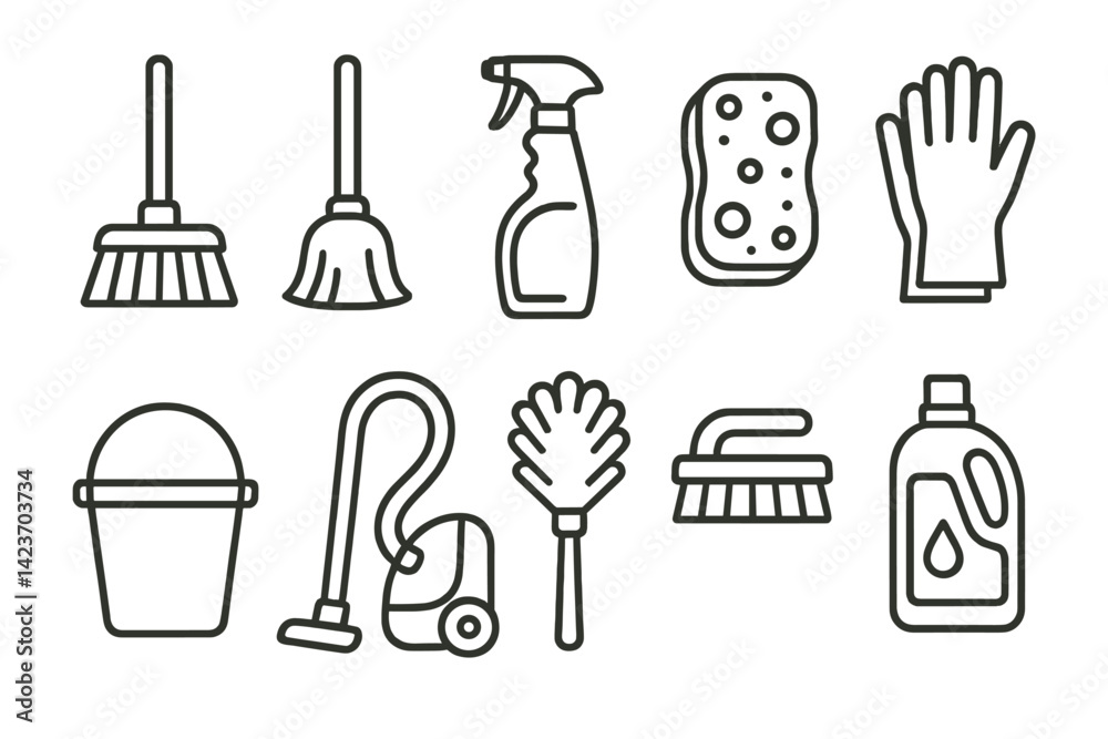 A range of equipment and supplies utilized for domestic cleaning purposes