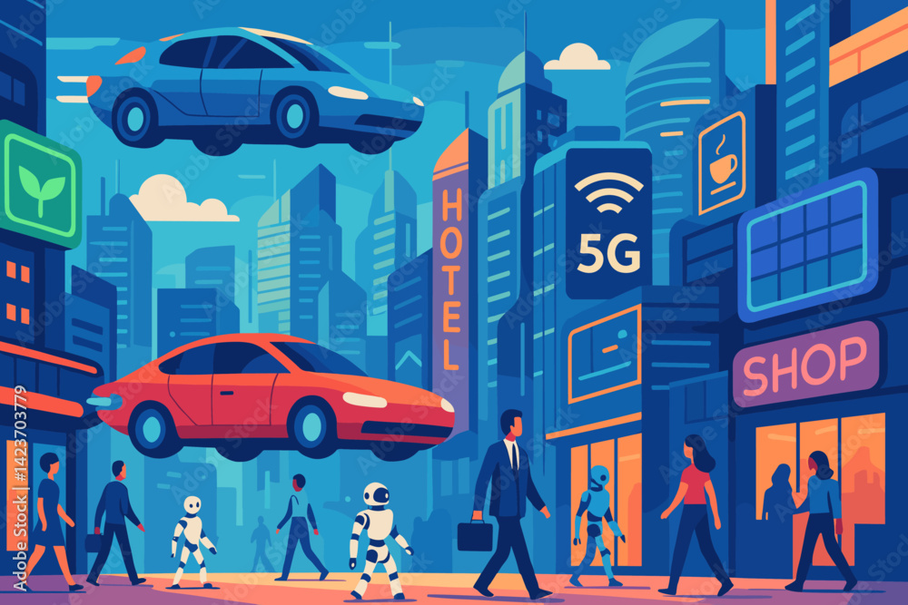 A high-tech urban future with advanced transport and AI systems