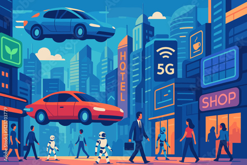 Obraz na płótnie A high-tech urban future with advanced transport and AI systems w salonie