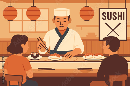 A Japanese sushi restaurant with chefs, guests, and moving plates