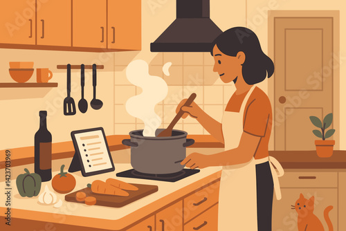 A contemporary kitchen setup where cooking is underway and warm touches abound