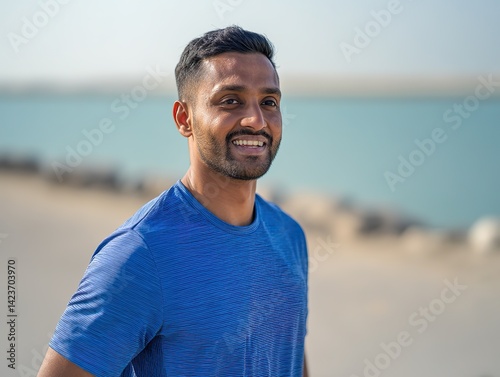 Confident 30 - year - old man in blue gym t - shirt standing under clear sky, smiling and looking at camera, showcasing active lifestyle and confident strides.