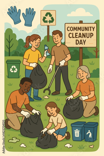 A group of people cleaning a park with bags, gloves, and bins