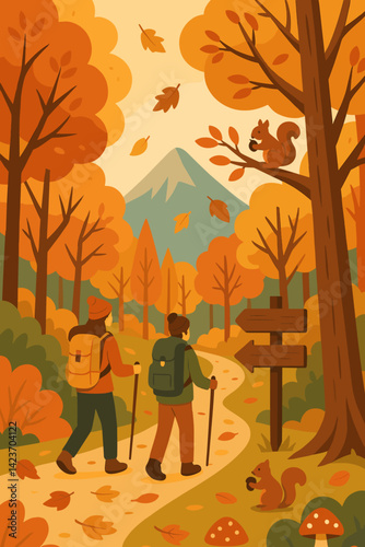 A picturesque autumn trail in the forest features hikers, wildlife, and vibrant foliage