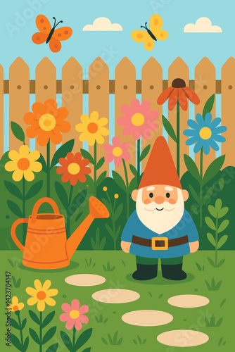 A vibrant outdoor space behind the house filled with flourishing flowers and ornaments