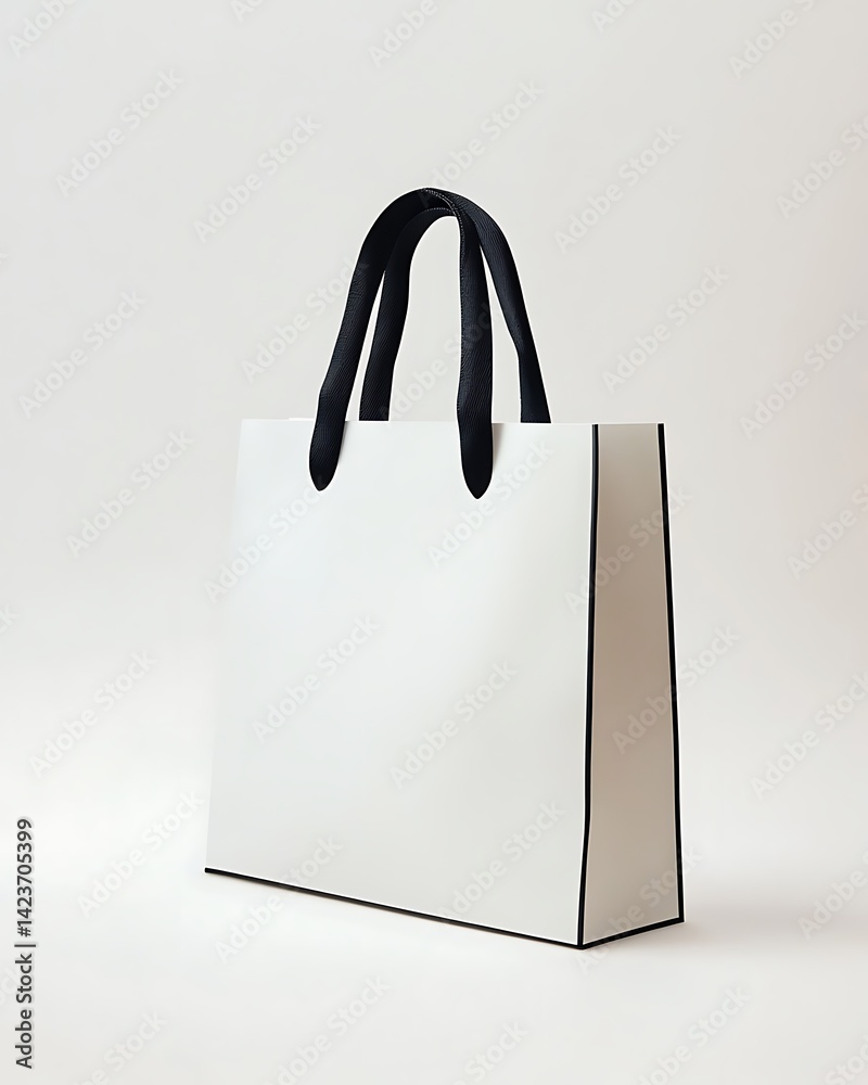 White Shopping Bag With Black Handles On A Simple White Background
