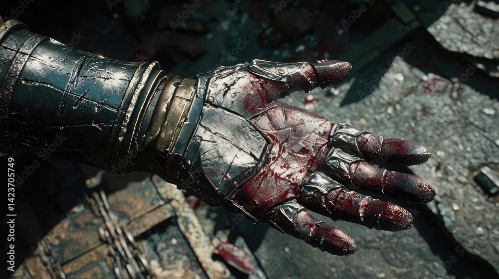 Fototapeta premium Close-Up of a Metallic Armored Glove Stained with Dark Red Liquid Surrounded by Textured Background Elements