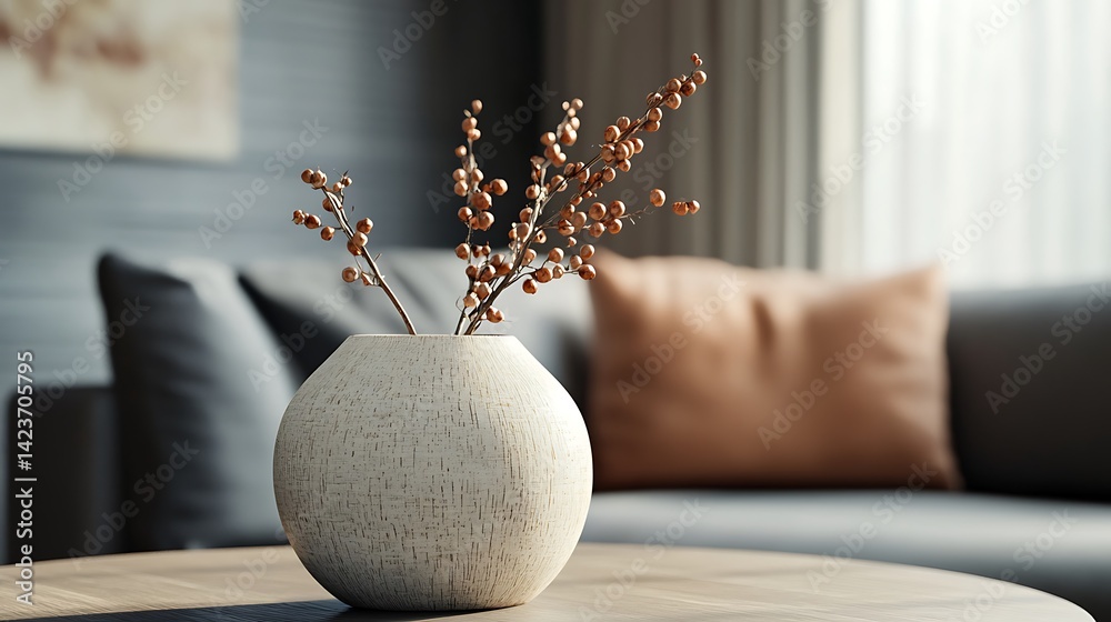 White Speckled Vase with Orange Berries on Wooden Table in Cozy Living Room