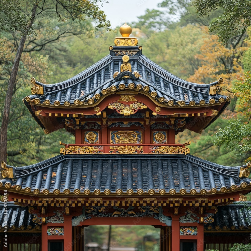 Fototapeta premium Ornate traditional Japanese architecture with detailed roof design surrounded by trees