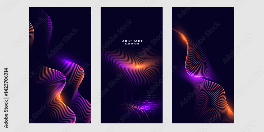 Set of futuristic abstract background with glowing wave lines. Vertical background banner.	